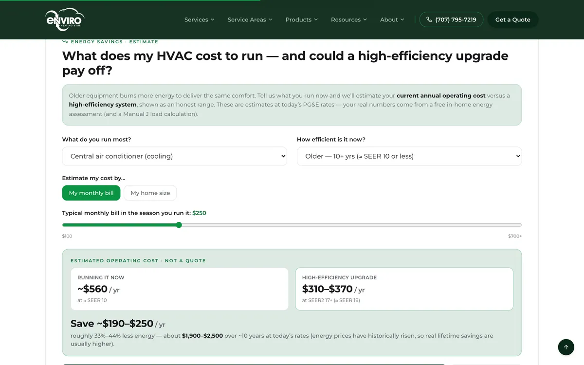 Instant Quote Estimator on Enviro Heating & Air’s website
